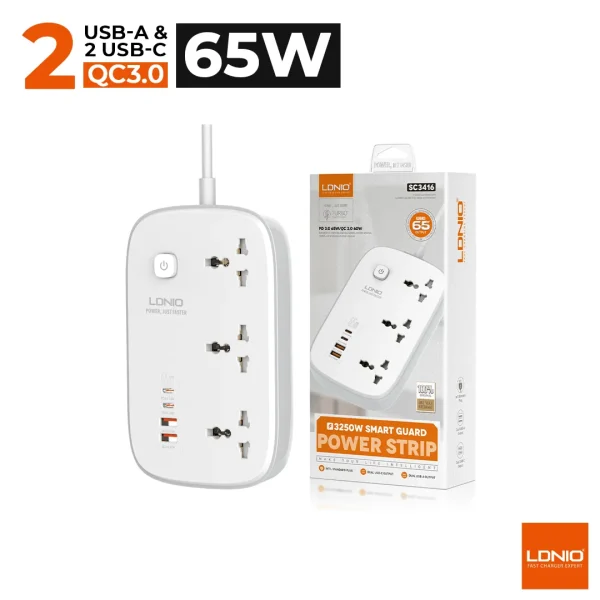Ldnio SC3416 Power Strip 65W 3 Sockets With 4 Port Charger