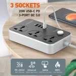 LDNIO SC3412 38W PD20W Power Strip 3 Socket Outlets and 3 QC 3.0 USB