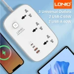 Ldnio SC3416 Power Strip 65W 3 Sockets With 4 Port Charger